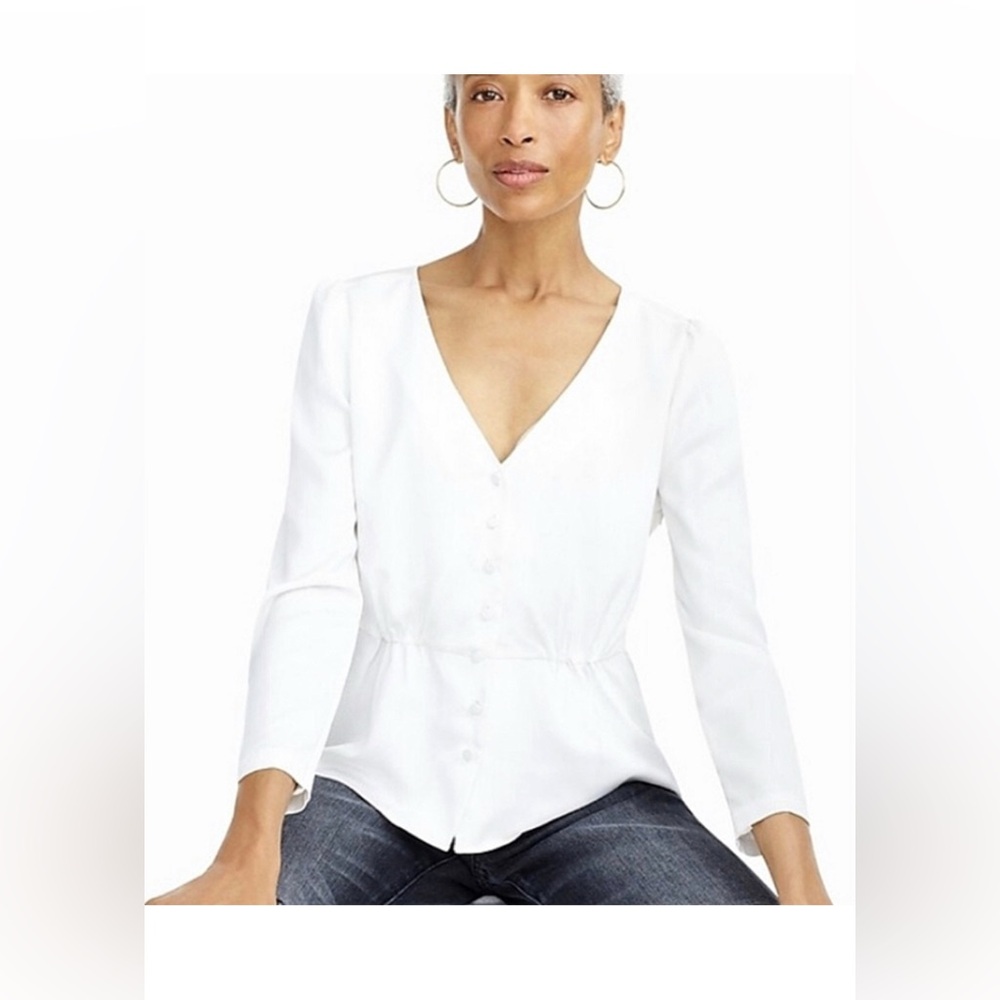J crew Long-sleeve peplum in satin-crepe Elegant Button-Up cute summer blouse